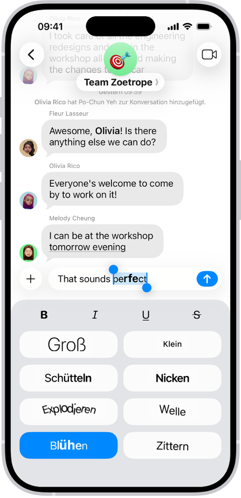 Eine Konversation in der App „Nachrichten“ zeigt eine neue Nachricht, die im Textfeld ausgewählt ist, sowie Optionen für die Formatierung und Effekte darunter. Die ausgewählte Nachricht wird mit einer Vorschau des Effekts angezeigt.