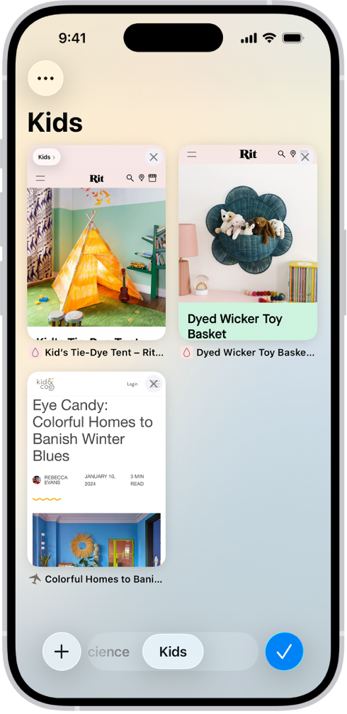 Previews of three open tabs in a Tab Group called Kids are visible on the screen.