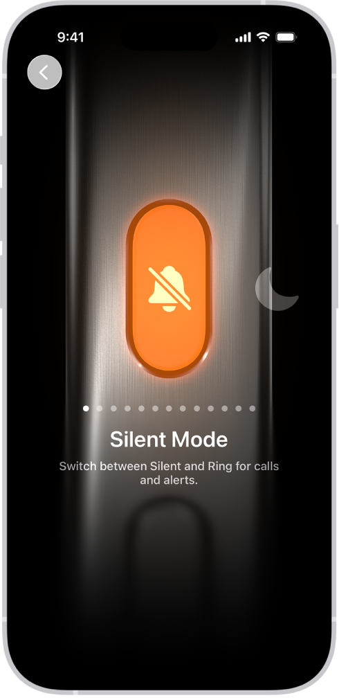 The screen for customizing the Action button. The Camera is the selected action. Other features appear to the right and left of the camera, including Do Not Disturb and Flashlight. Below the actions are dots you can tap to switch to another action. Below the selected action, Camera, is a menu of Camera options you can tap to assign to the Action button.