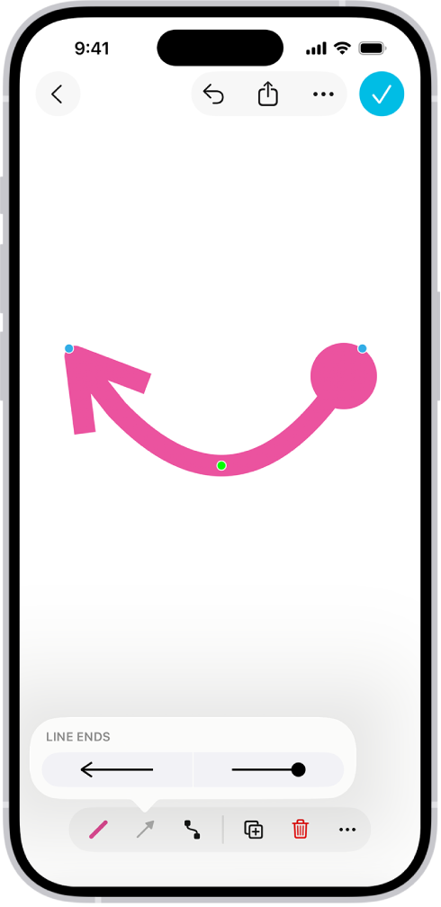 A connection line on a Freeform board, with blue and green dots for changing the shape and arc.