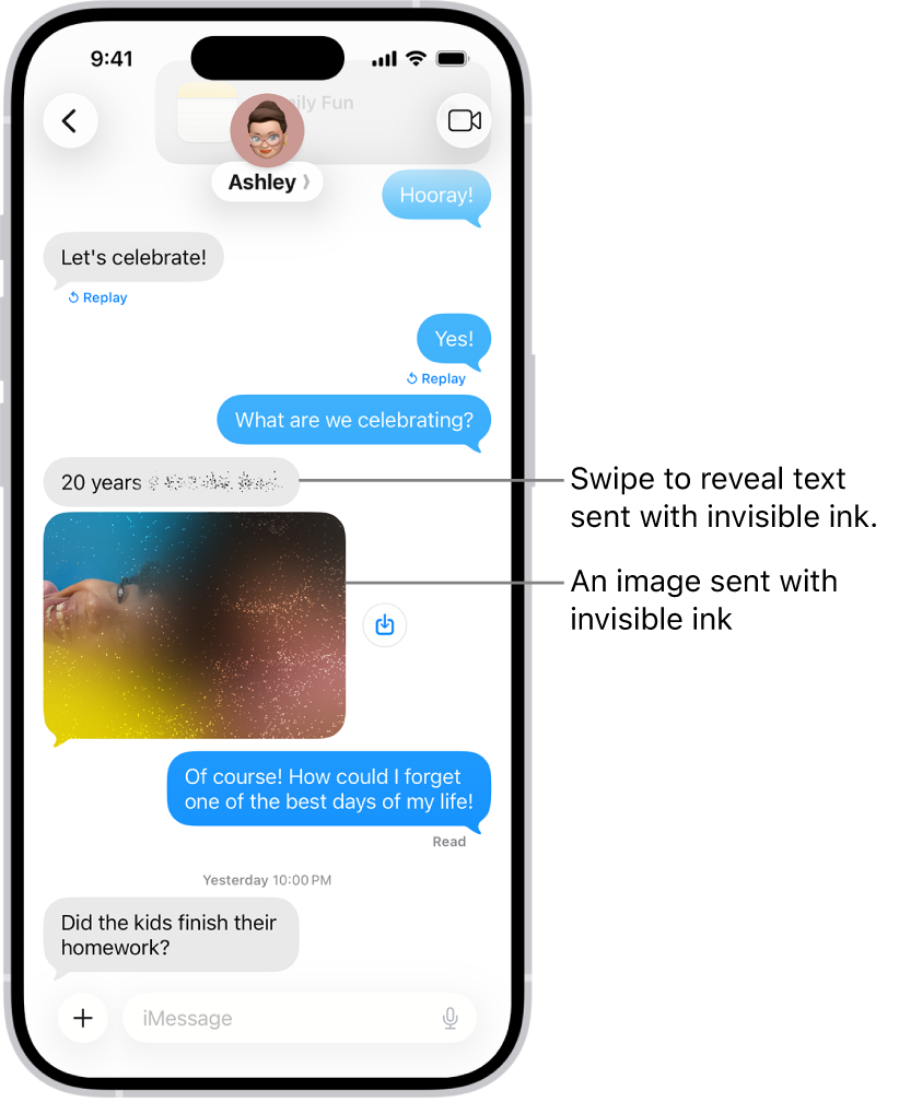 A conversation in Messages including a text message and a photo sent with the Invisible Ink effect.