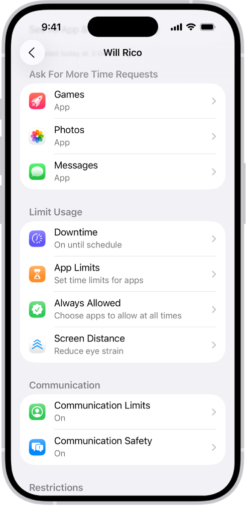 The screen for a child in a Family Sharing group, showing a section for Ask For More Time Requests.