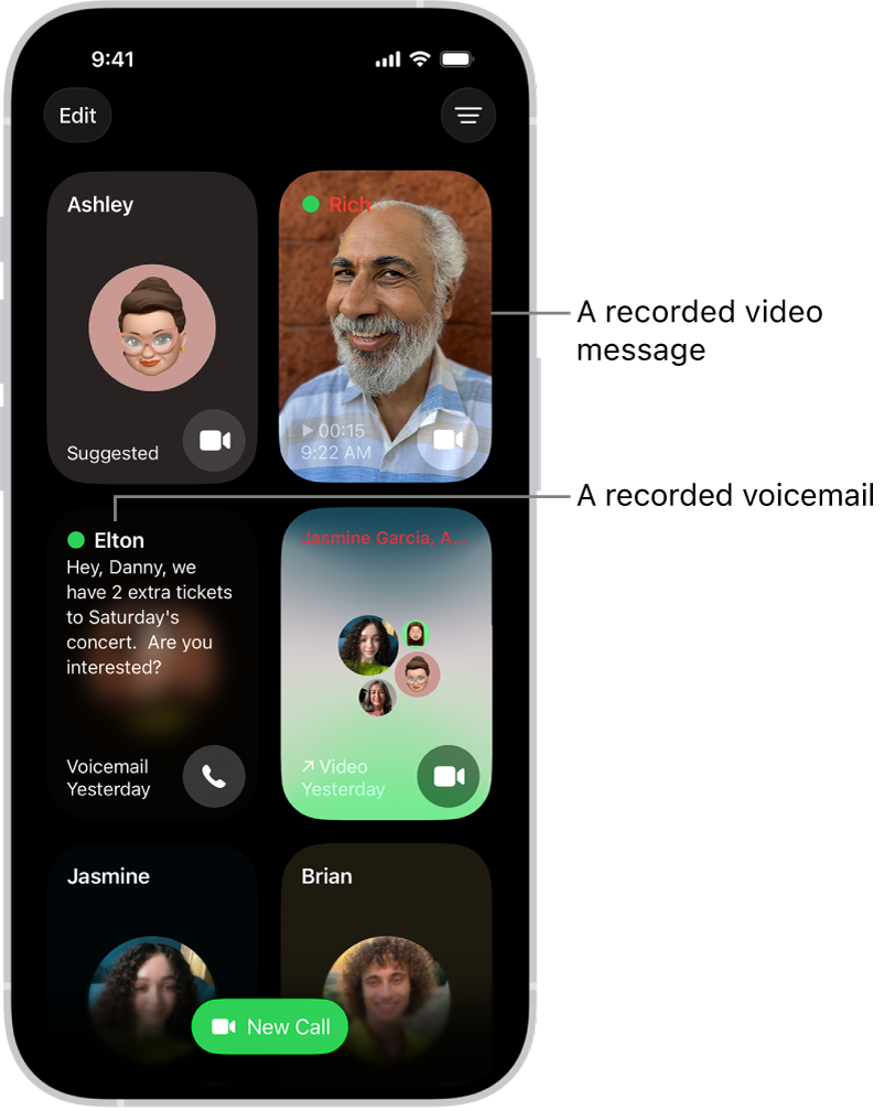 The FaceTime call history, showing a suggested contact, a recorded video message, a voicemail, and a Group FaceTime video call.