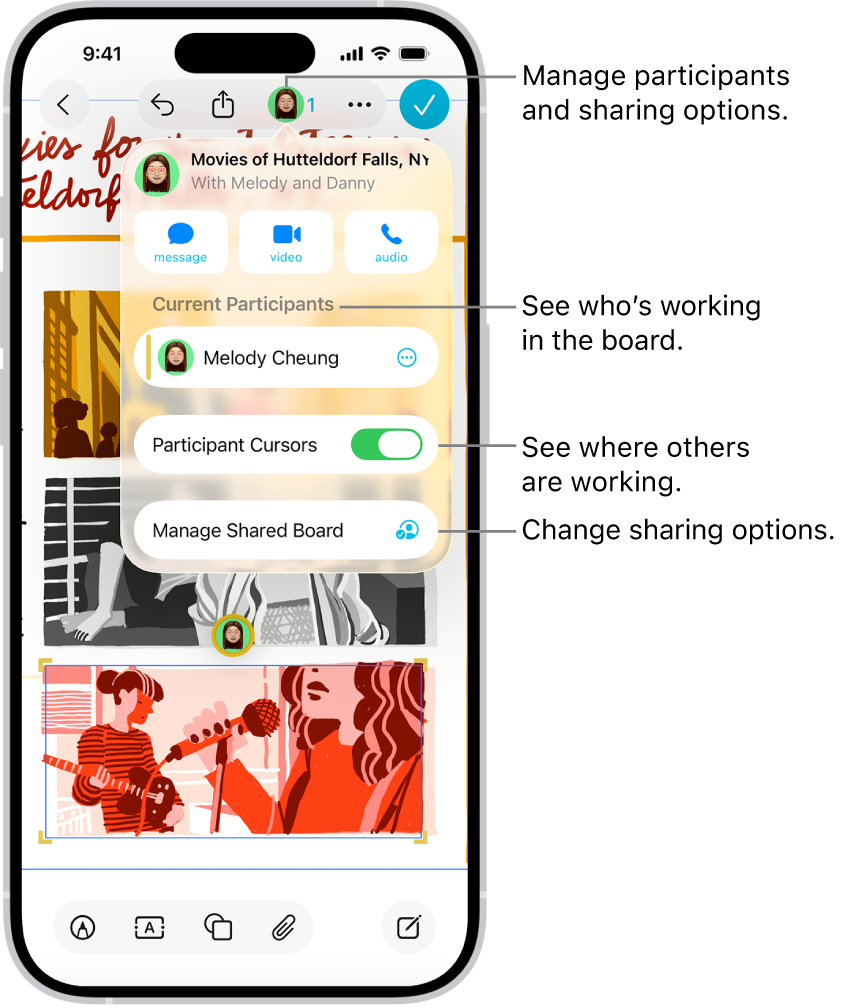 A shared Freeform board on iPhone with the collaboration menu open.