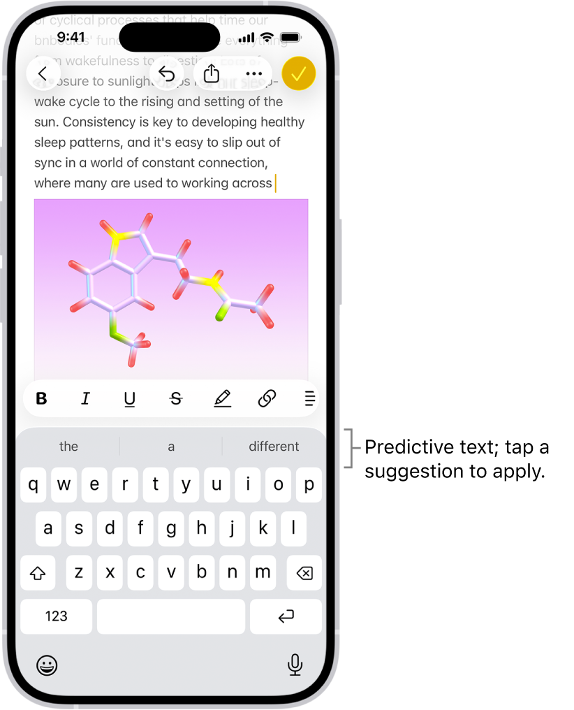The onscreen keyboard is open in the Messages app. Text is entered in the text field and above the keyboard are predictive text suggestions for the next word.