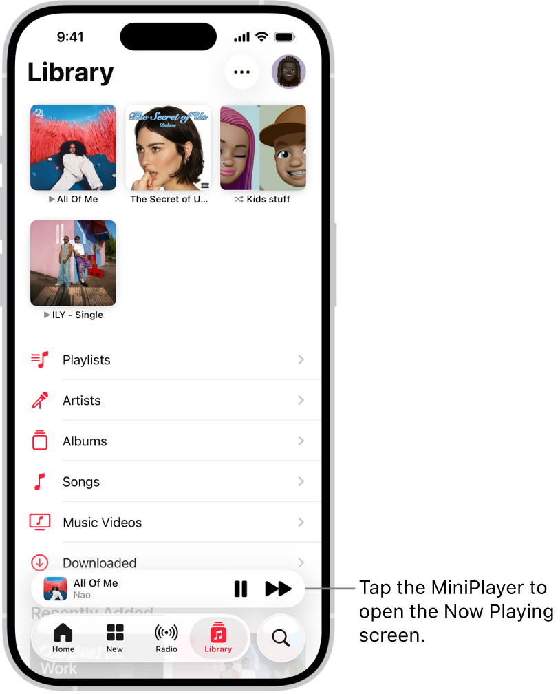 The Library tab, showing the MiniPlayer near the bottom. The MiniPlayer shows the title of the song that’s playing. The Pause and Next Track buttons are to the right of the song title. Tap the MiniPlayer to open the Now Playing screen.