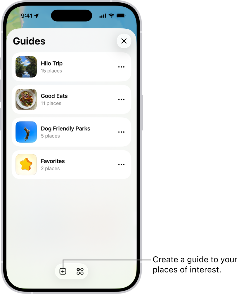 A list of several custom guides in Maps, including a Favorites category, and the New Guide button at the bottom right.