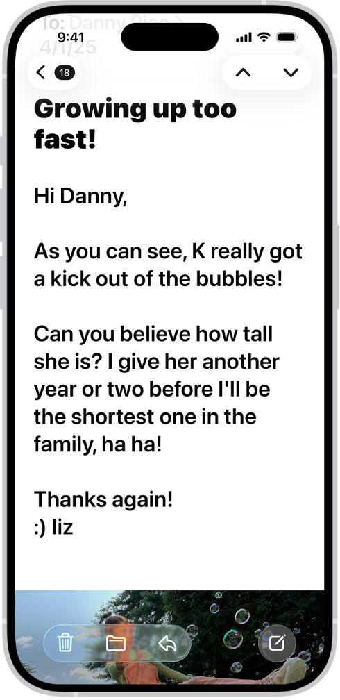 An iPhone with the Mail app open. An email is displayed with large, bold text.