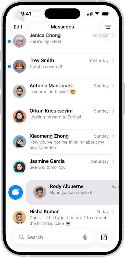 A Messages conversation list with two unread messages and one being marked as unread.