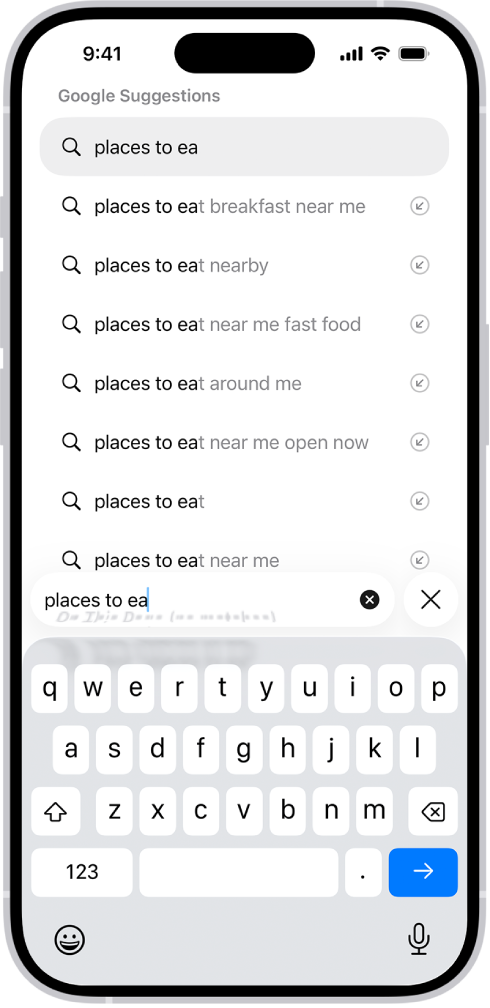 A Safari search screen, with the onscreen keyboard at the bottom of the screen. Above the keyboard, the search field contains text, and related search suggestions are listed above.