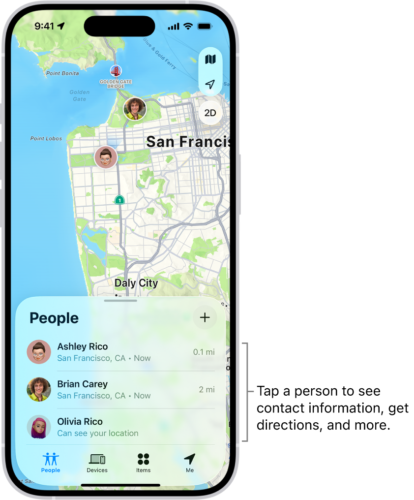The Find My screen open to the People list. There are four people in the list: Olivia Rico, Dawn Ramirez, Ashley Rico, and Will Rico. Tap the Add button at the top of the People list to share your location.