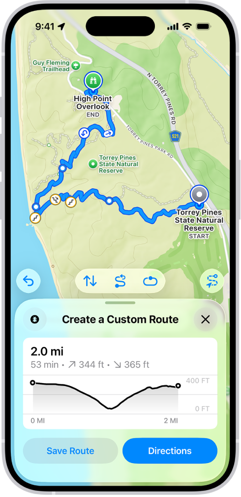 A custom route in the Maps app, with distance, elevation profile, estimated time, and options to save or get directions to the start of the route.