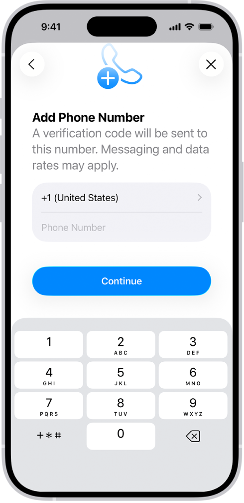 The Add Phone Number screen in Settings.