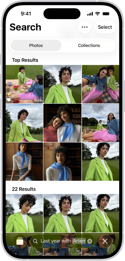 An iPhone showing photos in the Photos app. A search bar with a description appears at the bottom of the screen.