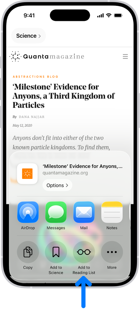 In Safari, the Share button on a webpage has been tapped, revealing a list of options, including Add to Reading List.