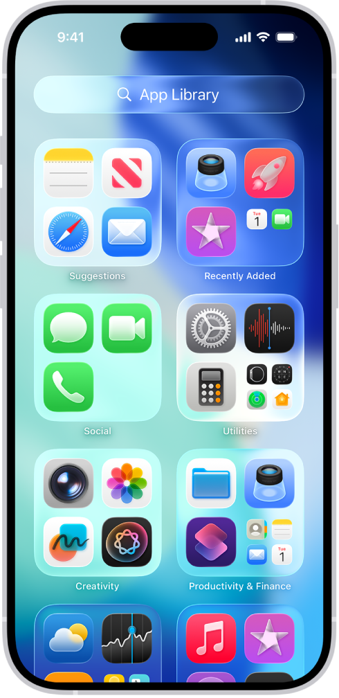 App Library on iPhone showing the apps organized by category (Utilities, Social, Entertainment, and so on).