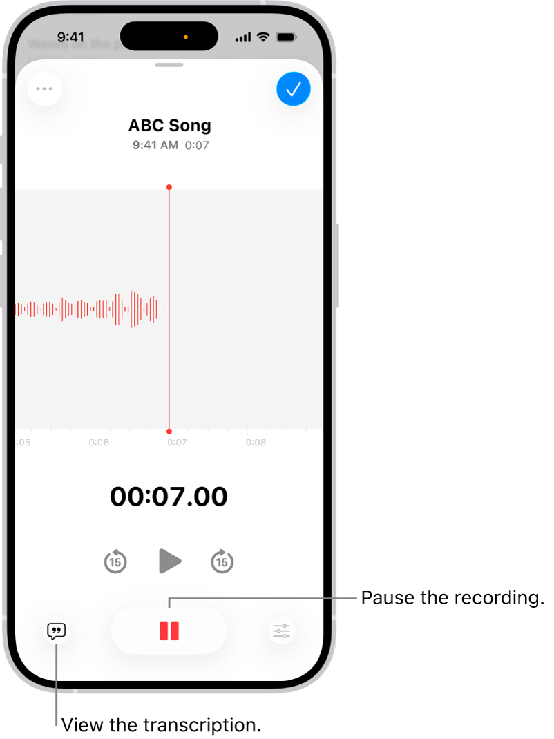 A Voice Memos recording, showing a waveform of the recording that’s in progress, along with a time indicator and a button to pause the recording.