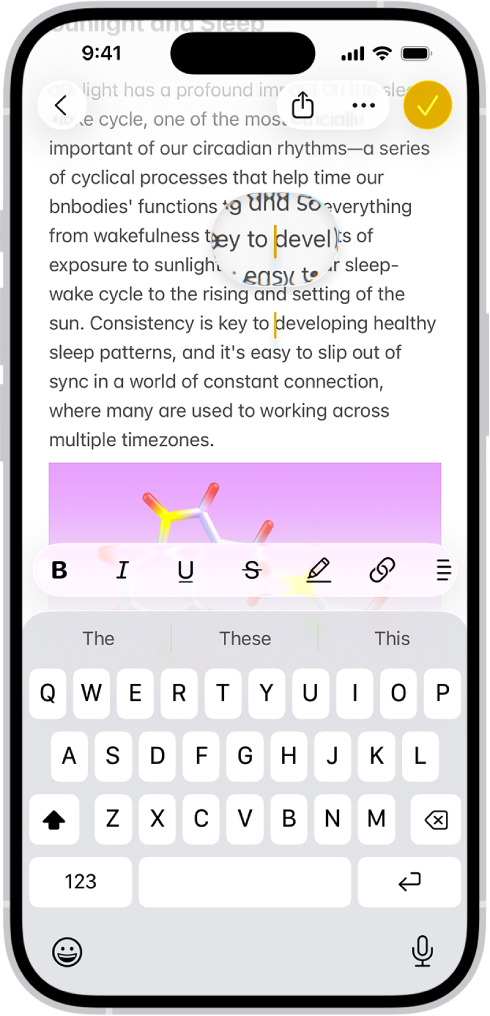 A note showing the insertion point positioned where text will be inserted or edited. The surrounding text is magnified to make it easier to place the insertion point.
