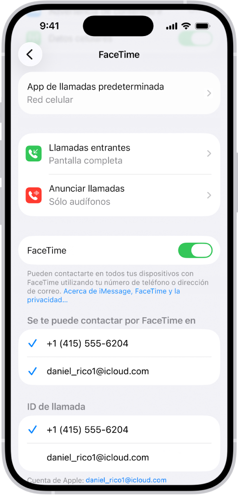 La pantalla de configuración de FaceTime, que muestra la opción App de llamadas predeterminada, el control para activar o desactivar FaceTime y la cuenta de Apple que se está usando para FaceTime.