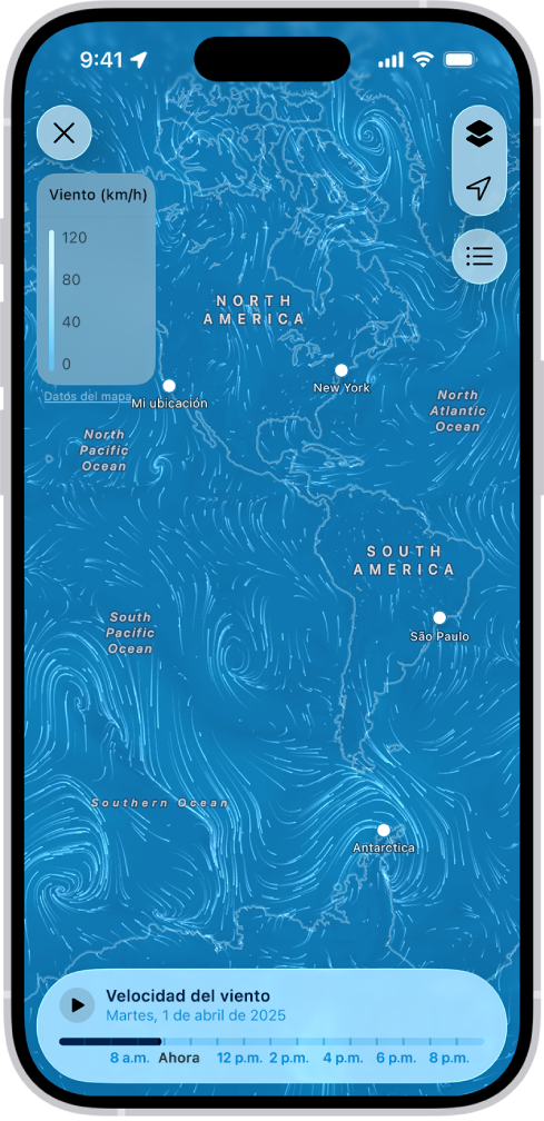 Un mapa del viento del océano llena la pantalla de la app Clima. El botón Cerrar mapa y la escala de sobreposición de mapa de viento están en la esquina superior izquierda. En la esquina superior derecha, de arriba abajo, se encuentran los botones Menú Sobrepuesto, Ubicación actual y Ubicaciones favoritas. La línea de tiempo se encuentra a lo largo de la parte inferior.
