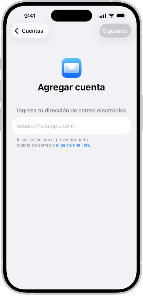 La pantalla Agregar cuenta con un campo para ingresar tu correo.