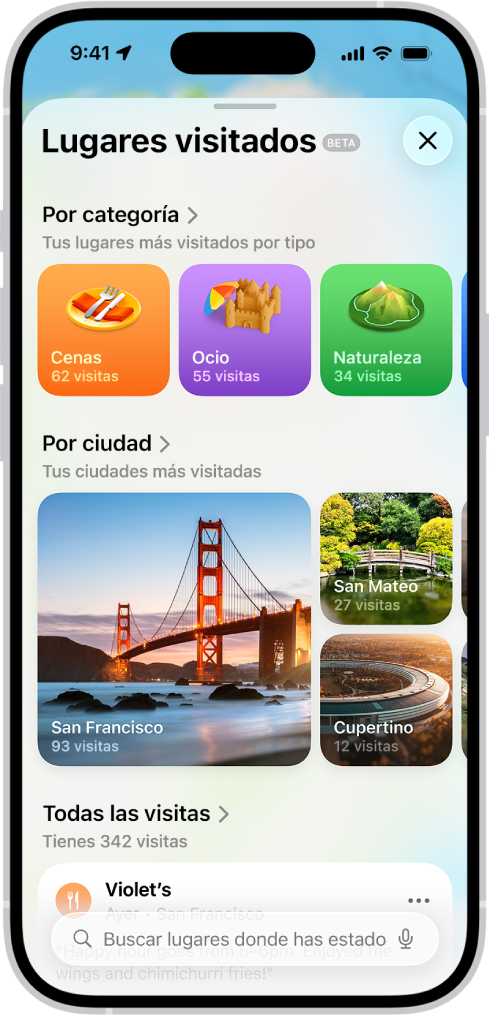 La pantalla Lugares visitados en la app Mapas.