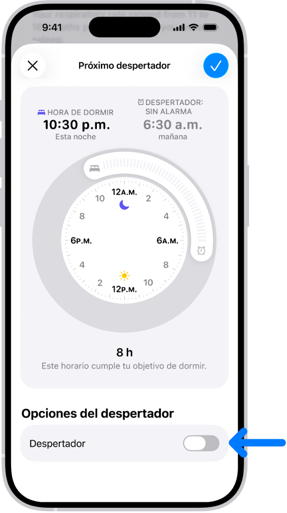 La pantalla Sólo siguiente despertar en la app Salud con la opción Alarma desactivada en la parte inferior.
