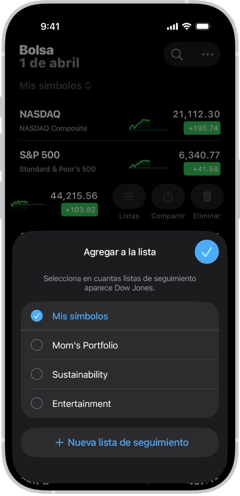 Una lista de listas de seguimiento personalizadas en la app Bolsa: Mis símbolos, Portfolio de mamá, Sostenibilidad y Entretenimiento.