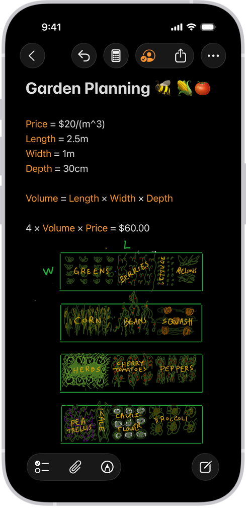 Una nota matemática abierta en Calculadora, con variables declaradas, ecuaciones y un dibujo del problema matemático.