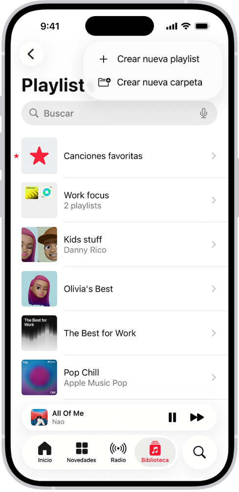 La pestaña Biblioteca mostrando la lista de playlists. En la parte superior hay botones para crear una nueva playlist o crear una carpeta nueva.