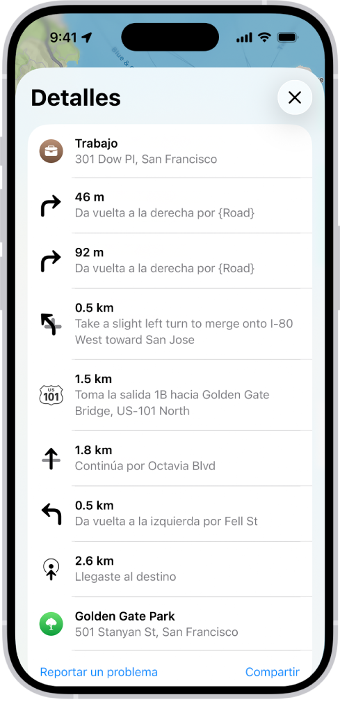 Se muestran las indicaciones detalladas de una ruta en una lista.