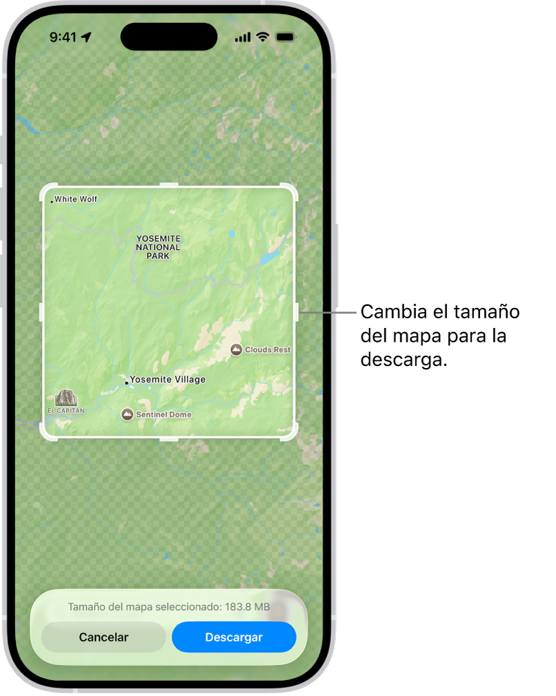 Un mapa de un parque nacional. El parque está dentro de un rectángulo con manijas, las cuales se pueden mover para cambiar el tamaño del mapa a descargar. El tamaño de descarga del mapa seleccionado se indica cerca de la parte inferior de este. En la parte inferior de la pantalla se muestran los botones Cancelar y Descargar.