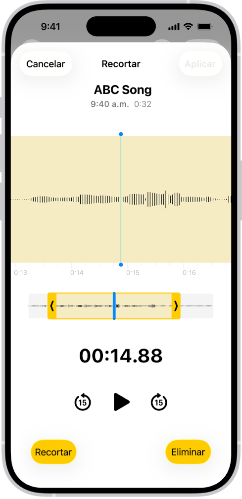 Una grabación que se está editando mediante las manijas amarillas de recorte que separan una porción de la onda de audio en la parte inferior de la pantalla. Debajo de la onda aparecen el botón Reproducir y un temporizador de grabación. Las manijas de recorte se encuentran debajo del botón Reproducir. A cada lado del botón Reproducir están el botón Recortar (para eliminar la parte de la grabación afuera de las manijas) y el botón Eliminar (para eliminar la parte de la grabación dentro de las manijas).