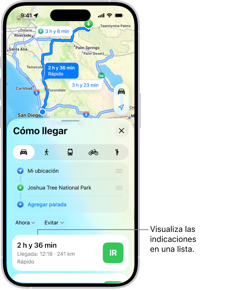 Una tarjeta con varias opciones de ruta.