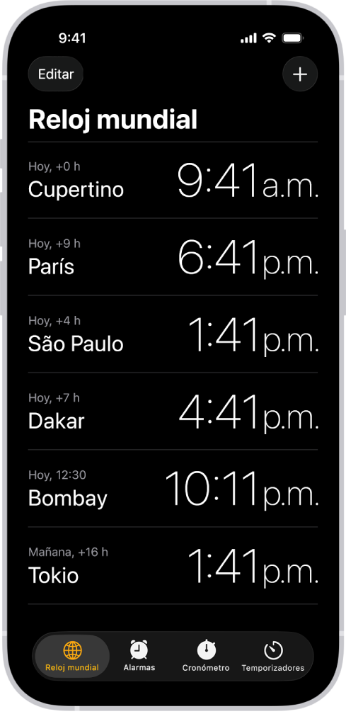 La pestaña Reloj mundial mostrando la hora en varias ciudades. El botón Editar cerca de la esquina superior izquierda te permite reordenar o eliminar relojes. El botón Agregar cerca de la esquina superior derecha te permite agregar más relojes. Los botones Reloj mundial, Alarma, Cronómetro y Temporizadores están en la parte inferior.