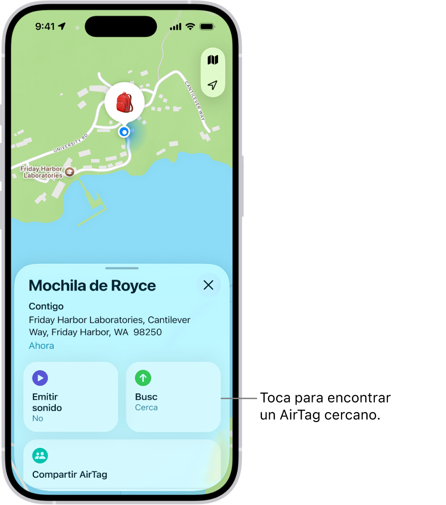 La app Encontrar abierta, mostrando las llaves de Dani en el bosque de Chapultepec. Toca el botón Buscar para localizar un AirTag cercano.