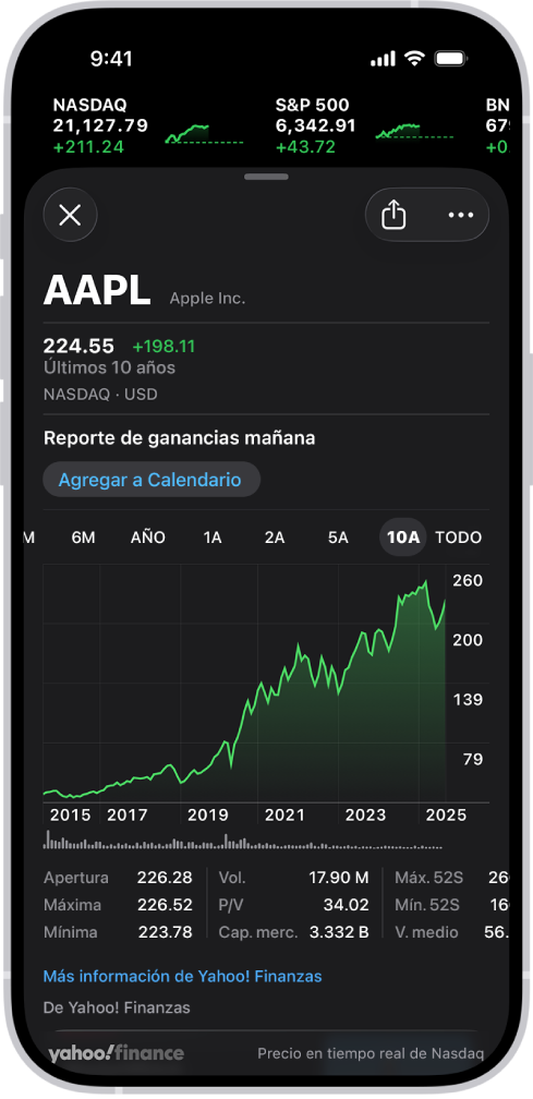 En el centro de la pantalla, un gráfico muestra el rendimiento de una bolsa a lo largo de 10 años. Encima del gráfico hay una notificación que indica que la empresa va a publicar su reporte de resultados al día siguiente, con un botón para agregar ese evento al calendario.
