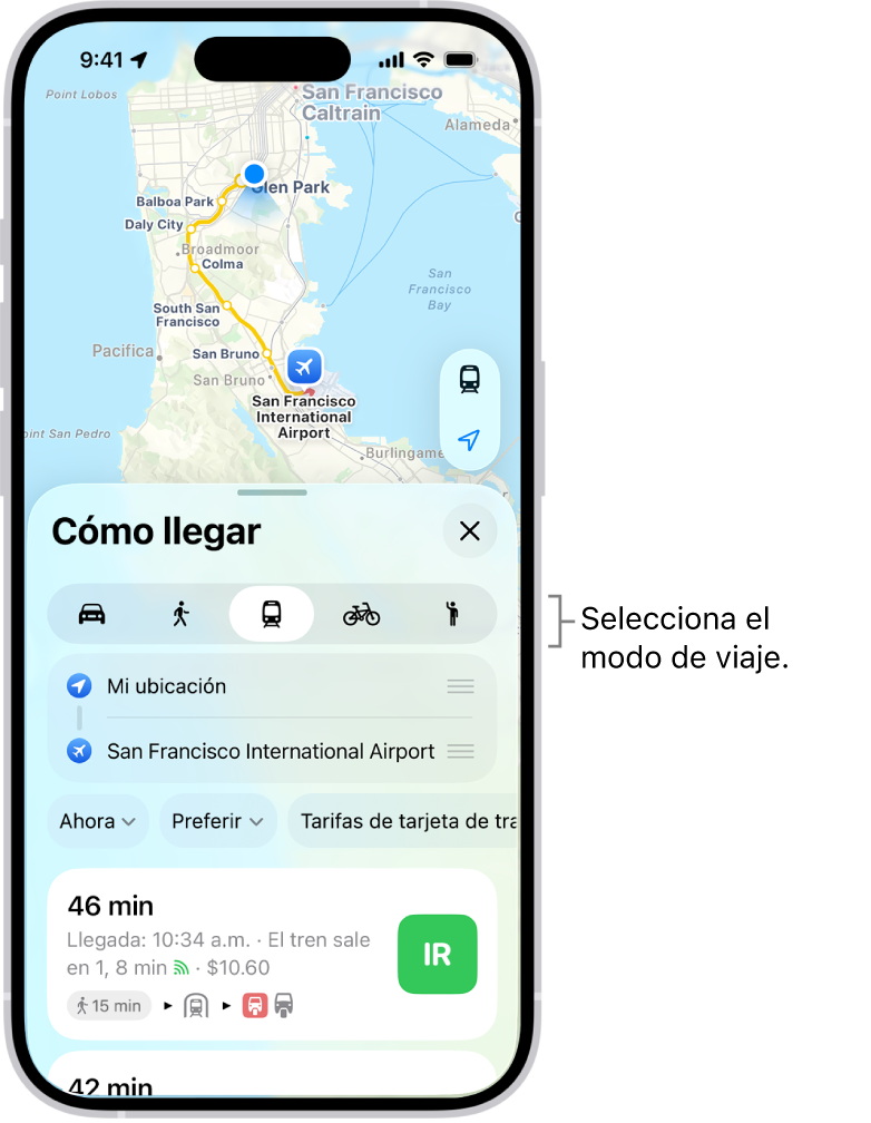 Un mapa que muestra varias opciones de ruta entre dos ubicaciones, con botones para elegir otros modos de viaje, intercambiar el punto de partida y el destino, y ver las direcciones como una serie de pasos.