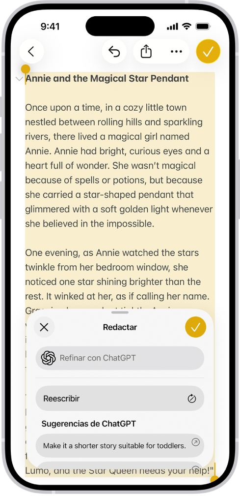 Un iPhone mostrando una historia que se escribe en la app Notas. En la parte inferior de la pantalla se encuentra el cuadro de diálogo Redactar con las herramientas de escritura, que incluye opciones para refinar con ChatGPT, reescribir, elegir sugerencias de ChatGPT y mucho más.