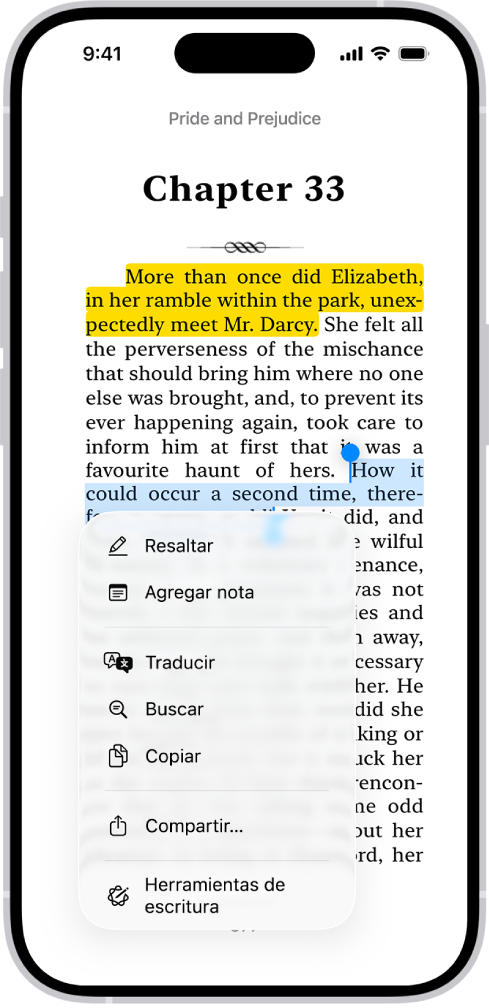 Una página de un libro en la app Libros con una parte del texto de la página seleccionado. Los controles Resaltar, Agregar nota y Traducir están arriba del texto seleccionado.
