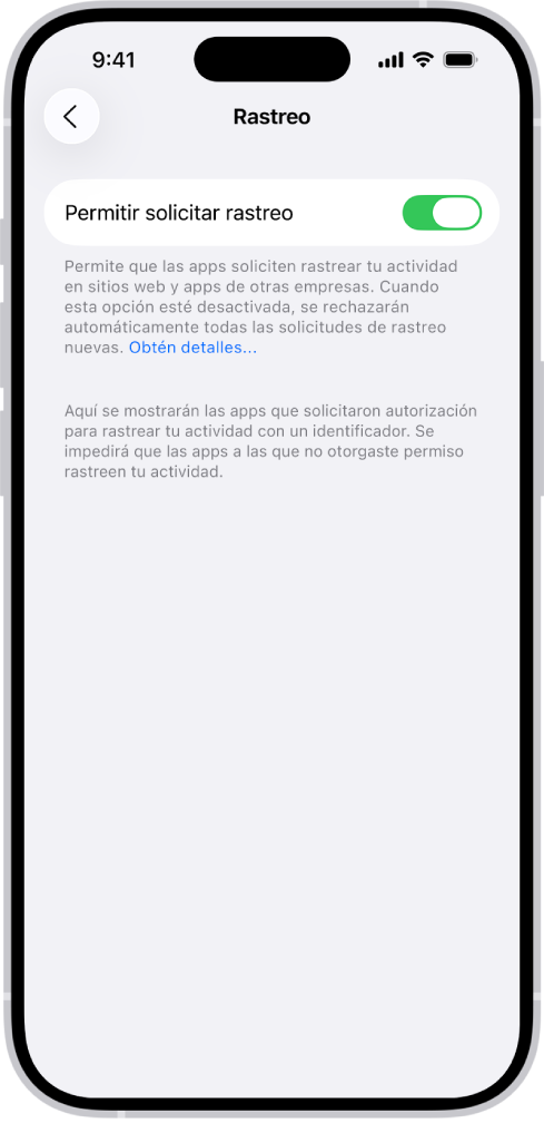 La pantalla Rastreo, con una configuración para controlar si las apps pueden solicitar rastrearte en sitios web y apps que son propiedad de otras empresas.