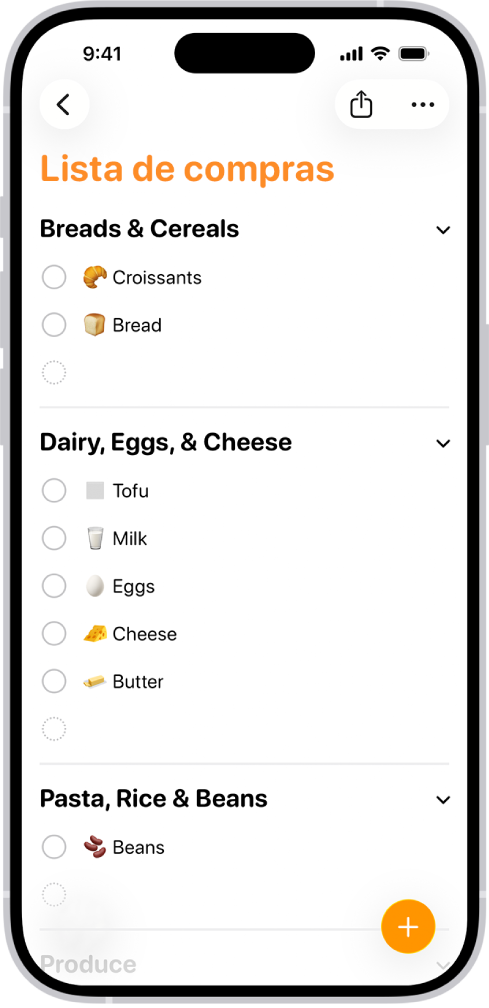 La app Recordatorios muestra una lista de compras del súper con artículos en categorías, como Frutas y verduras y Pescados y mariscos.