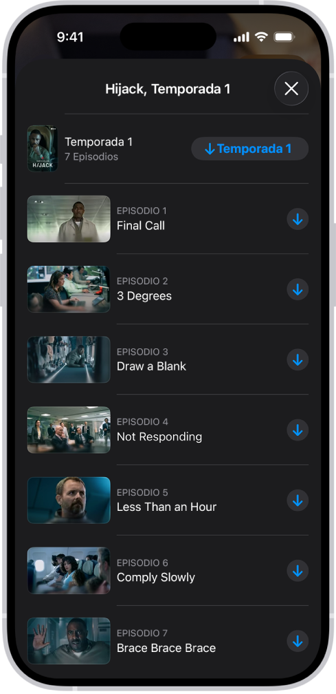 La pestaña Apple TV mostrando una lista de los episodios de una serie Apple Original. Los botones para descargar la temporada completa y cada episodio están en el lado derecho de la pantalla.