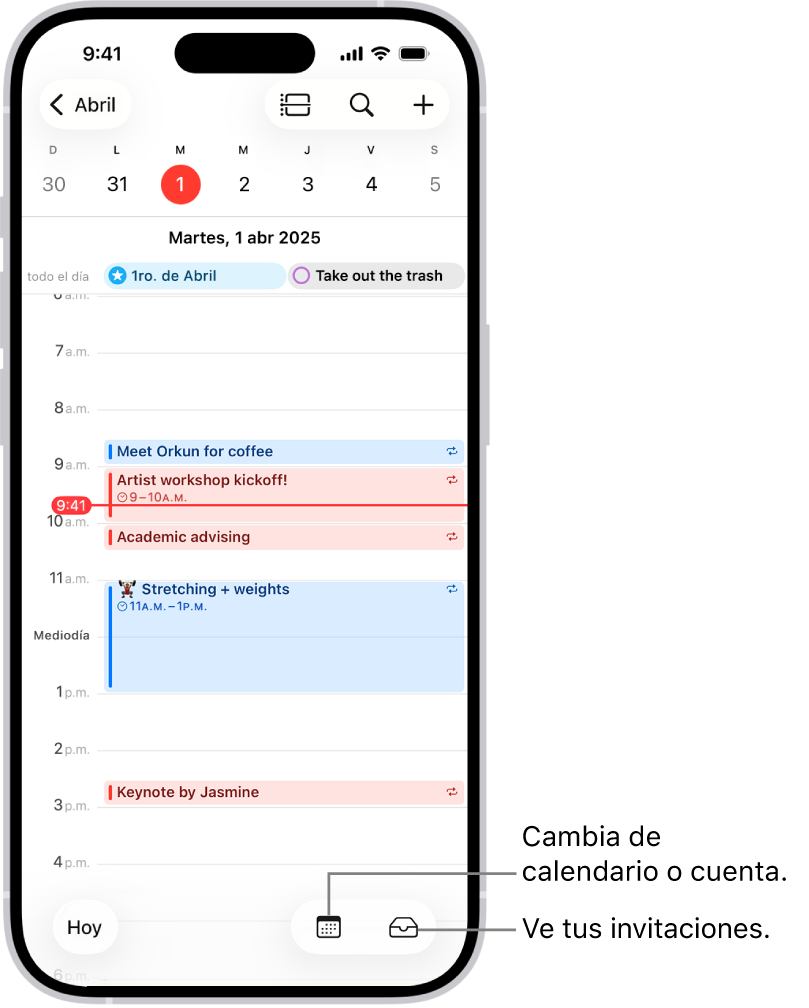Un calendario en la vista por día mostrando los eventos del día. En el área inferior de la pantalla están el botón Calendarios en el centro y el botón Buzón a la derecha.