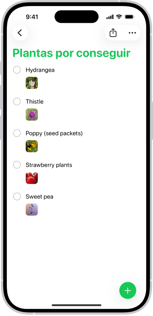 La app Recordatorios mostrando una lista con fotos en cada recordatorio.