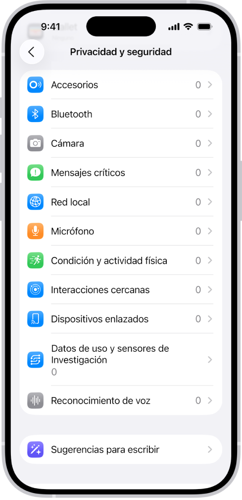 La pantalla Privacidad y seguridad, con la configuración para controlar si las apps pueden usar la cámara, el micrófono y otras partes de tu iPhone.