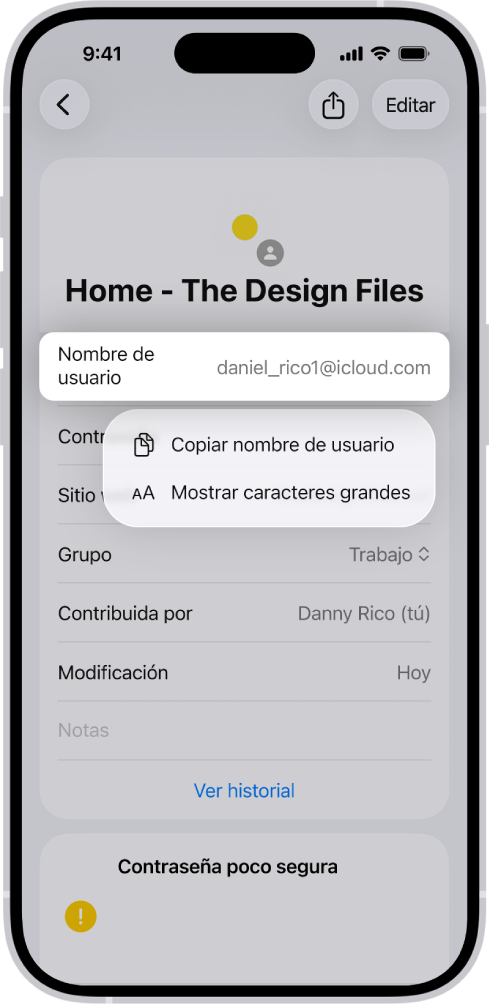 La pantalla de una cuenta mostrando el nombre de usuario resaltado, con las opciones Copiar nombre de usuario y Mostrar números grandes.