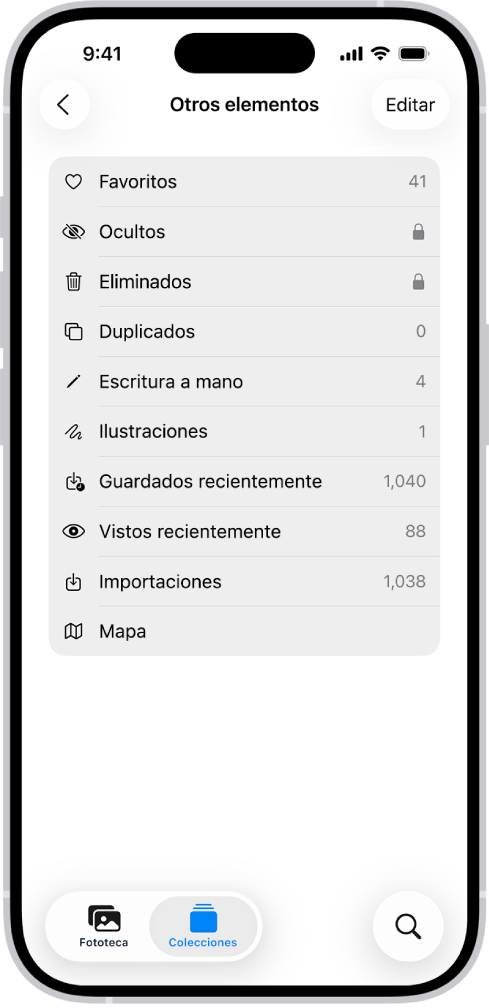En la app Fotos, la colección Otros elementos está abierta y muestra una lista de colecciones de fotos.