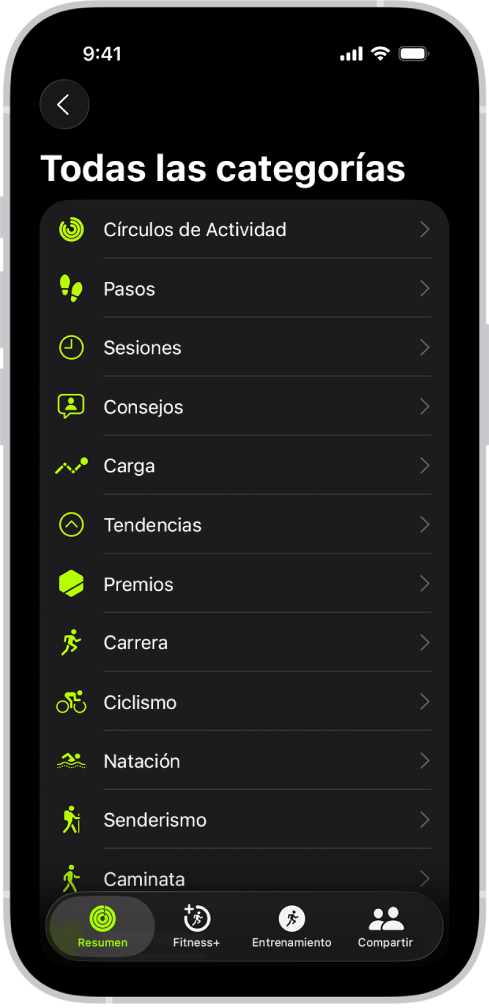 La pantalla Fitness muestra una lista de categorías de fitness.