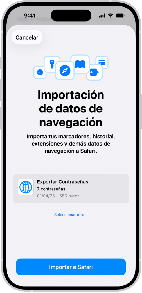 La pantalla Importar datos de navegación muestra el archivo CSV de contraseñas de otro administrador de contraseñas que se va a importar.